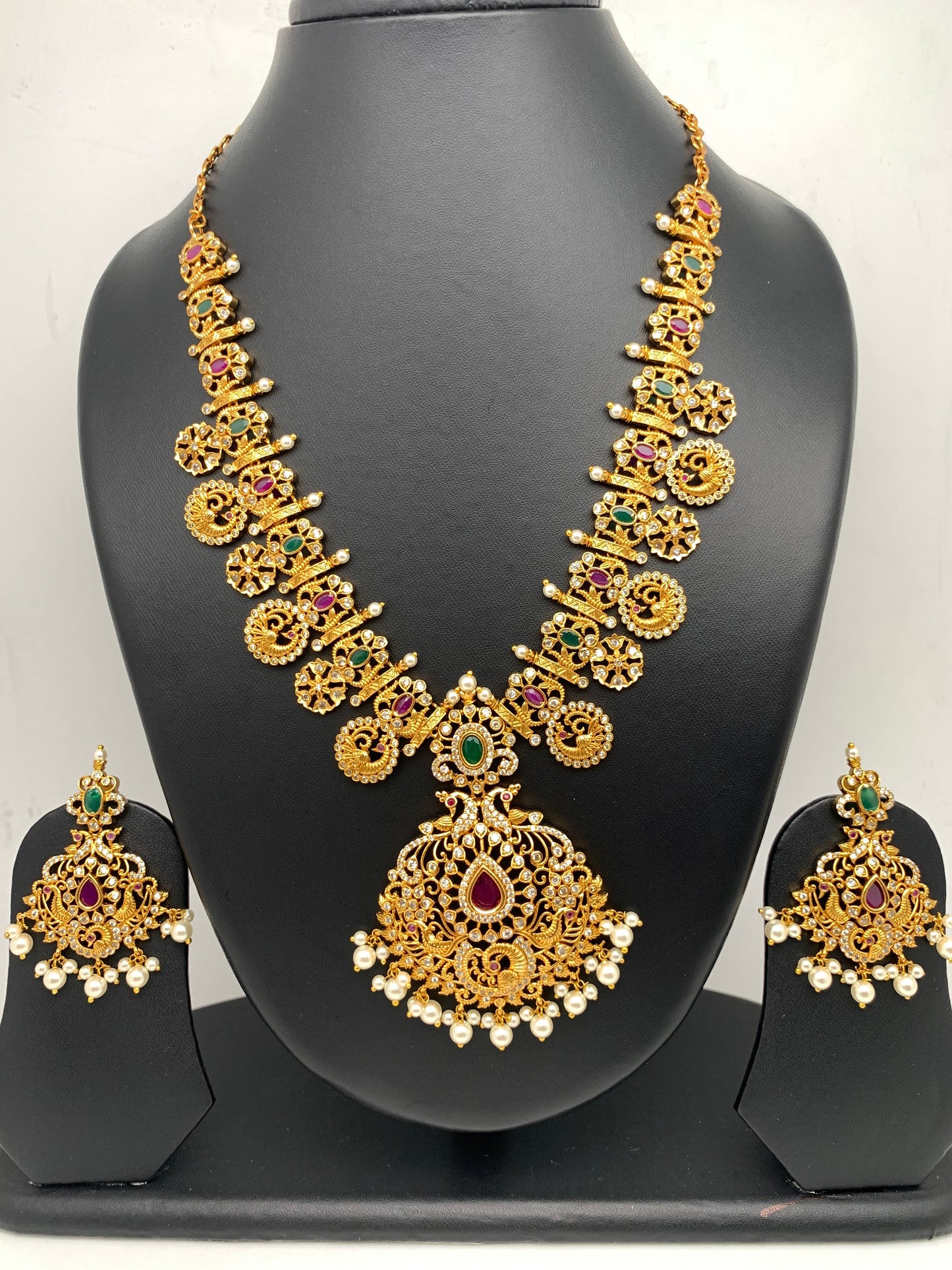 Red Green Stone CZ Peacock Design Ethnic Necklace