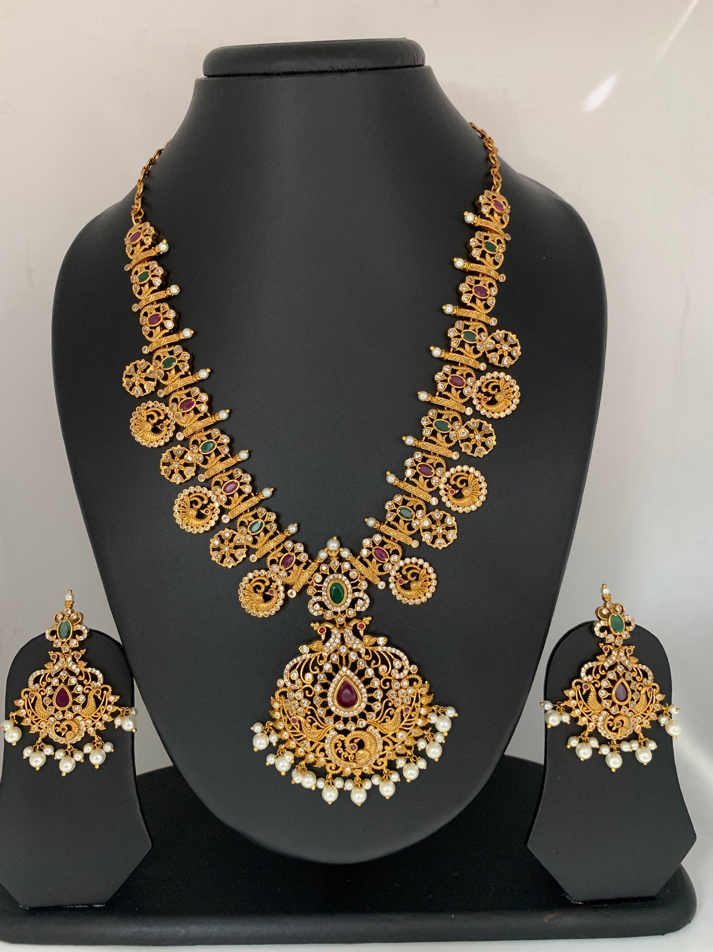 Red Green Stone CZ Peacock Design Ethnic Necklace