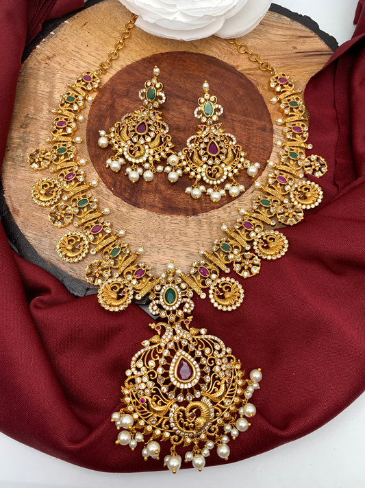 Red Green Stone CZ Peacock Design Ethnic Necklace