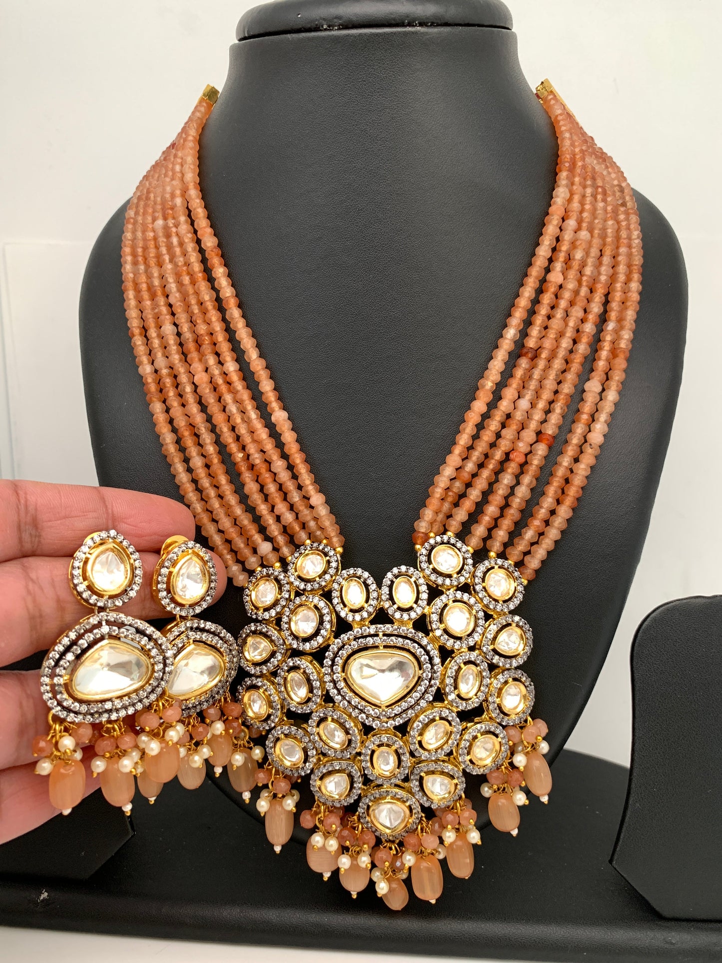 Kundan AD Pendent with Peach Onyx Beads Necklace