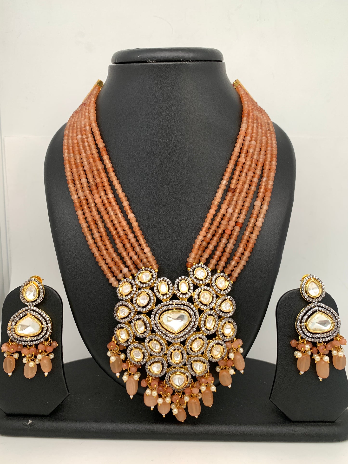 Kundan AD Pendent with Peach Onyx Beads Necklace