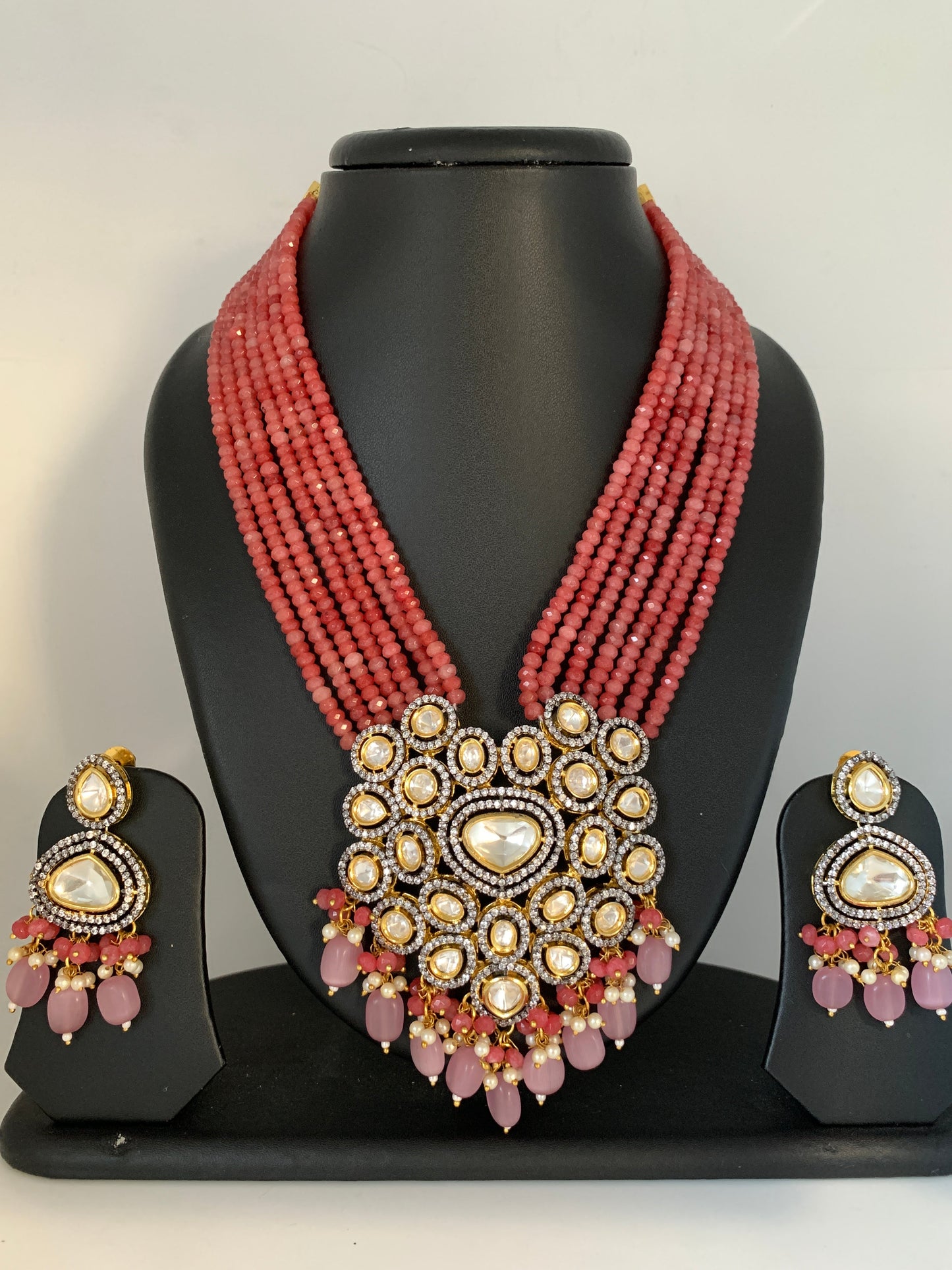 Kundan AD Pendent with Pink Onyx Beads Necklace