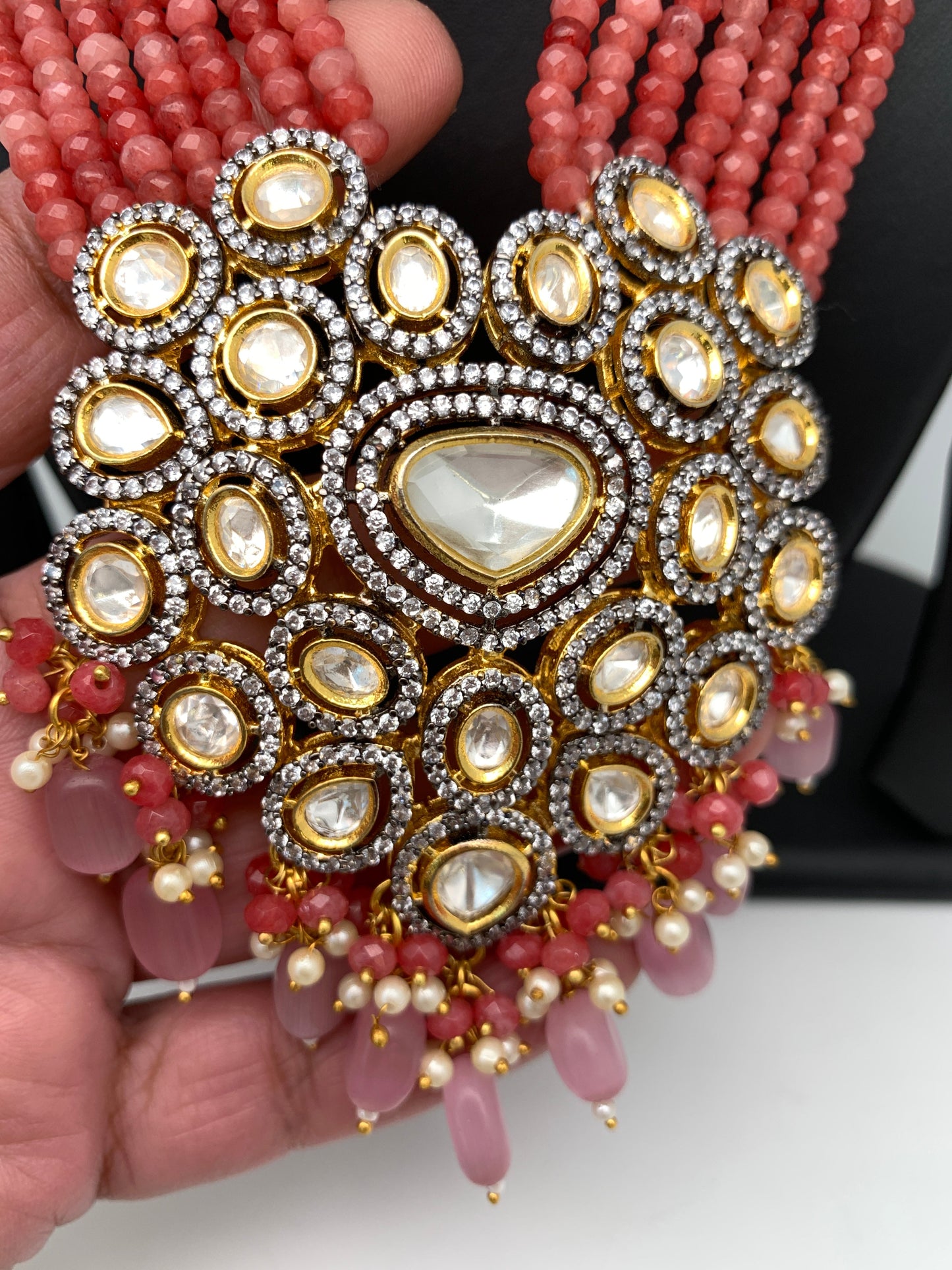 Kundan AD Pendent with Pink Onyx Beads Necklace