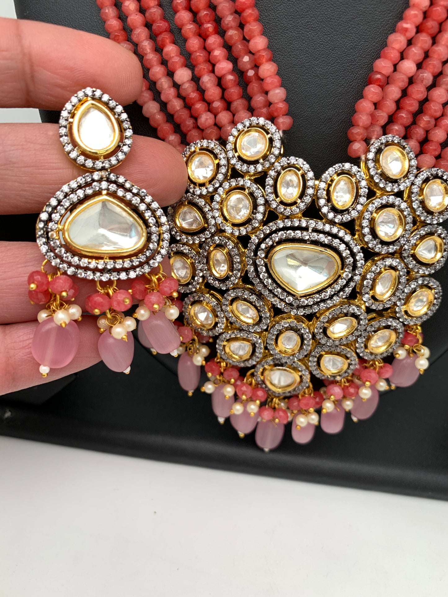 Kundan AD Pendent with Pink Onyx Beads Necklace