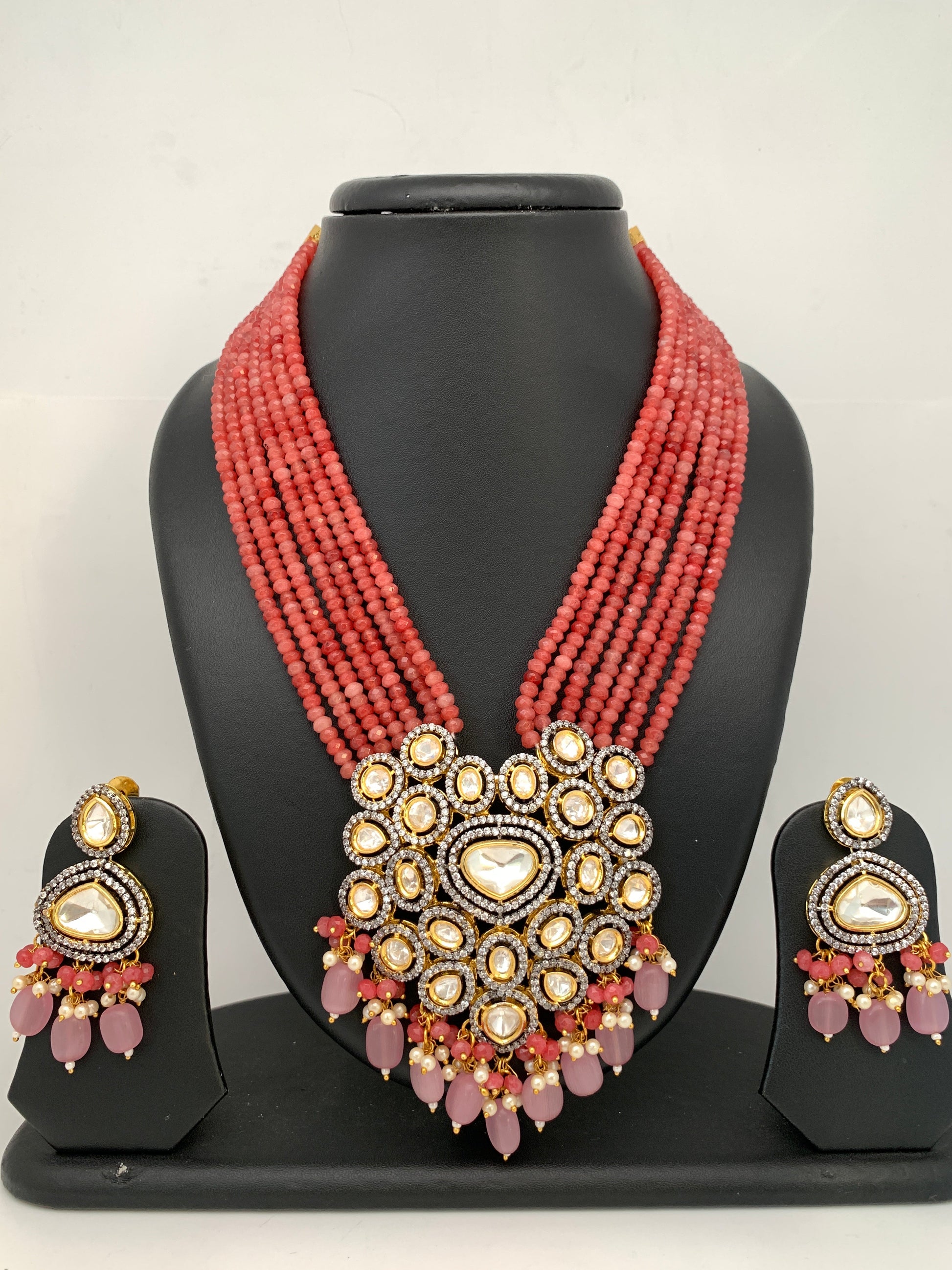 Kundan AD Pendent with Pink Onyx Beads Necklace