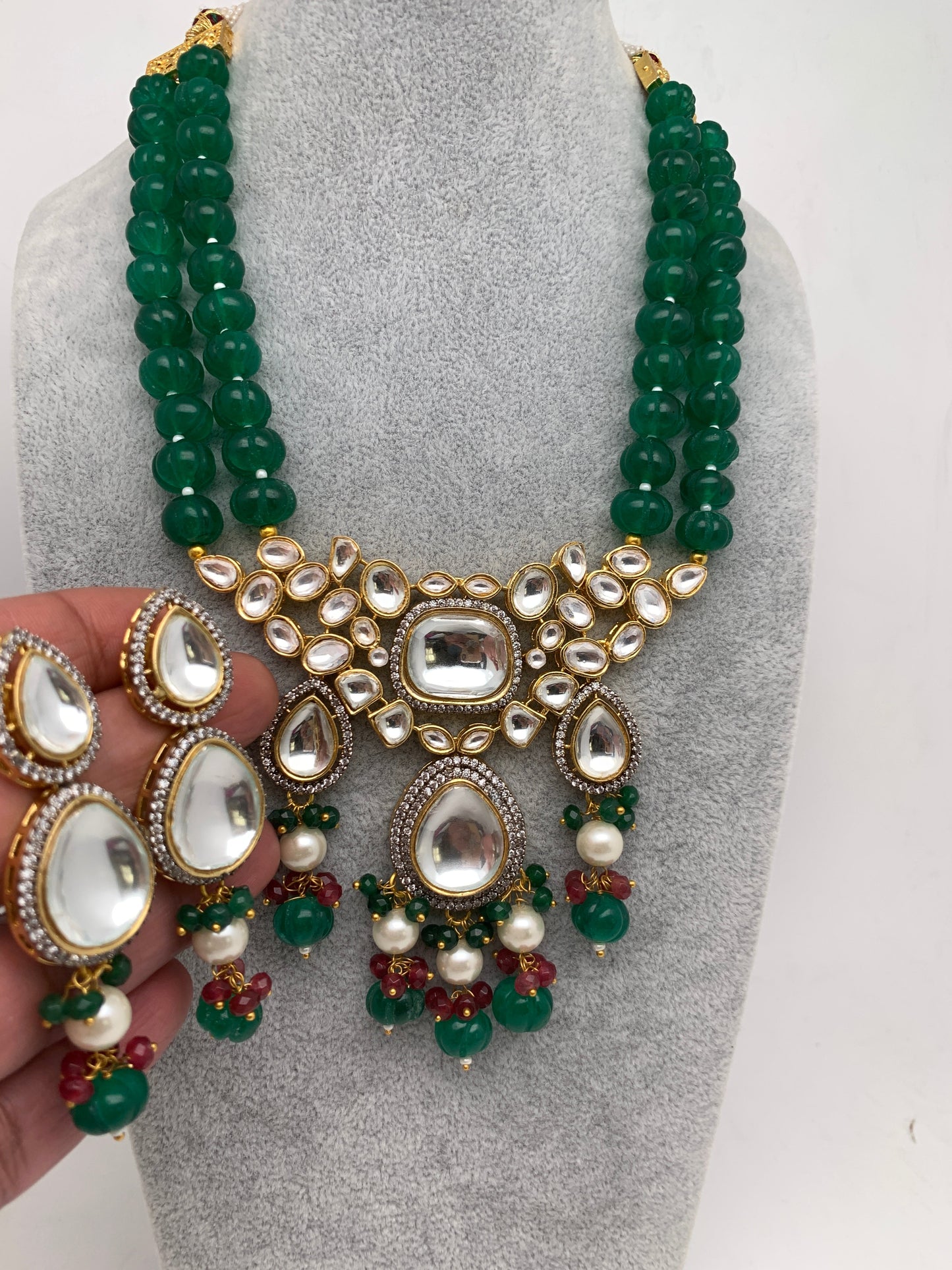 Kundan AD Pendent with Green Beads Necklace