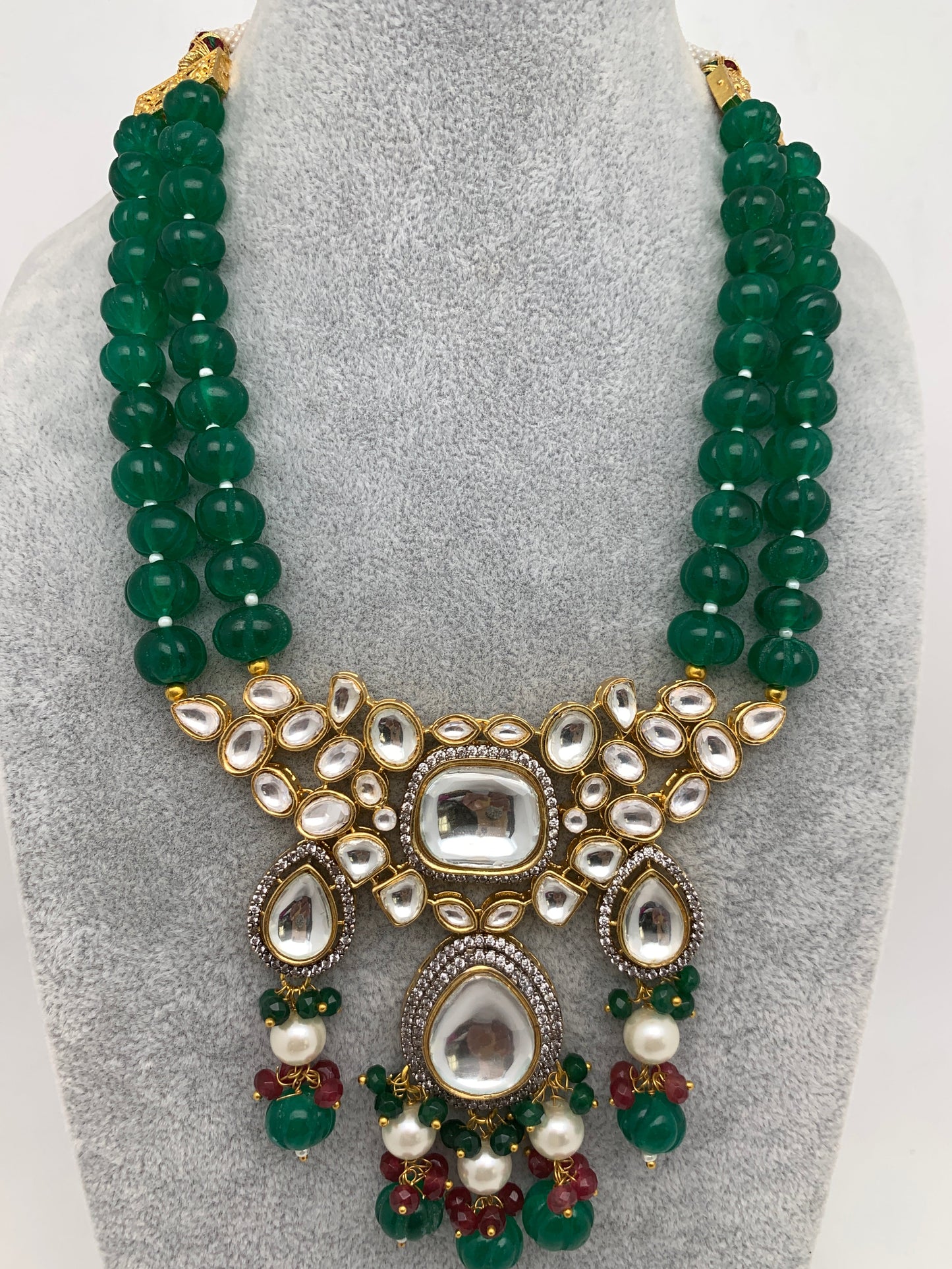 Kundan AD Pendent with Green Beads Necklace