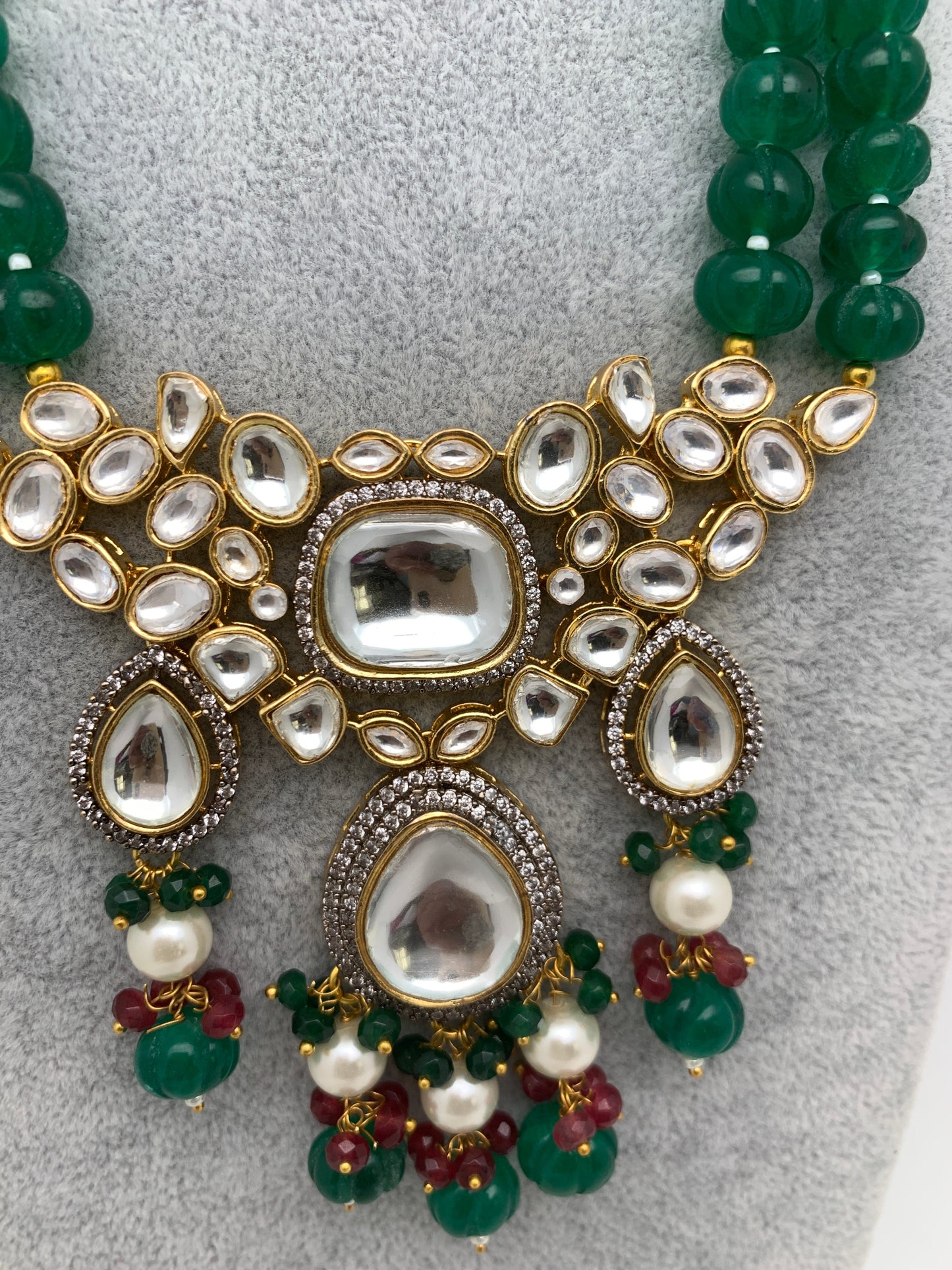 Kundan AD Pendent with Green Beads Necklace