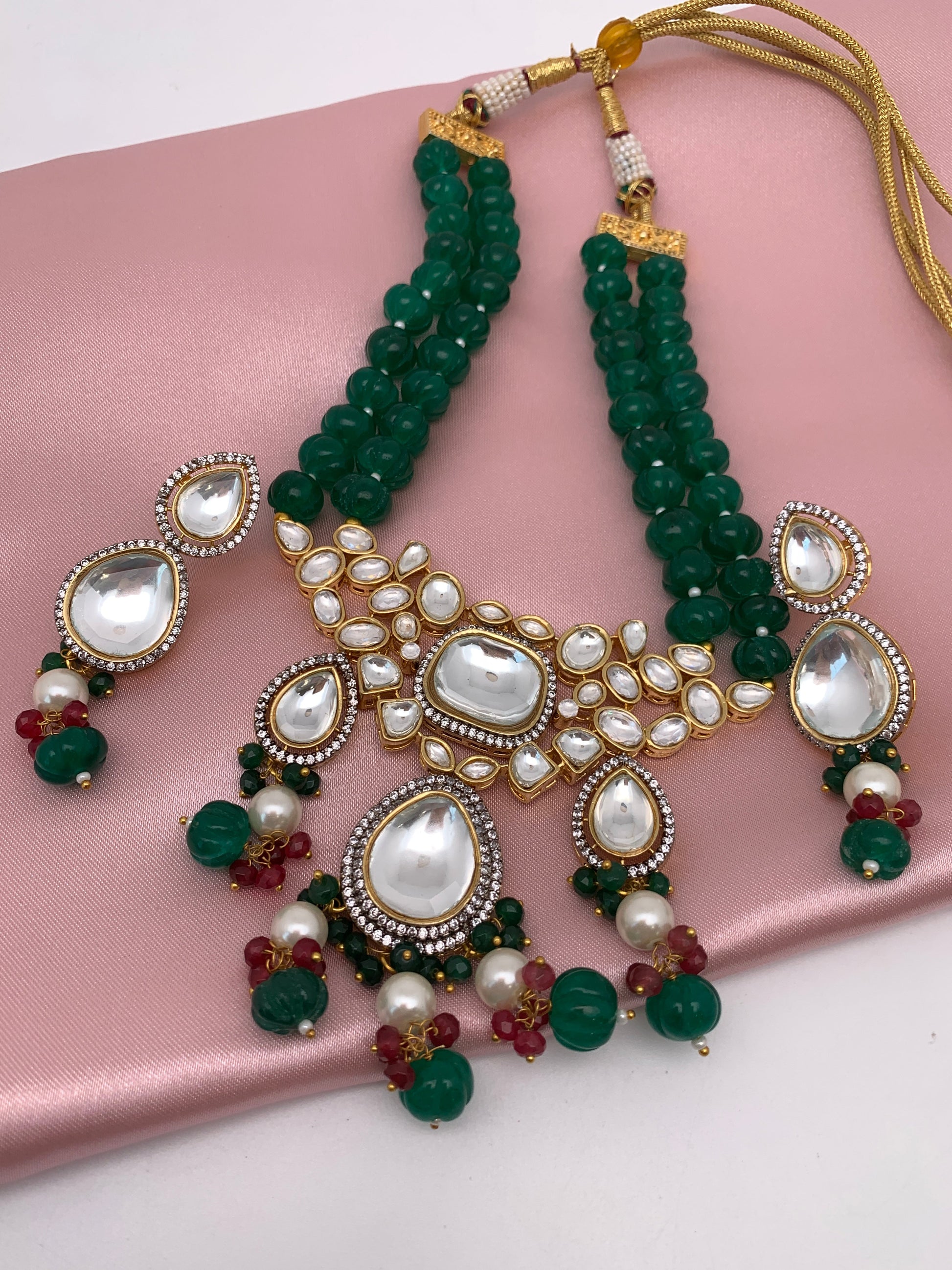 Kundan AD Pendent with Green Beads Necklace