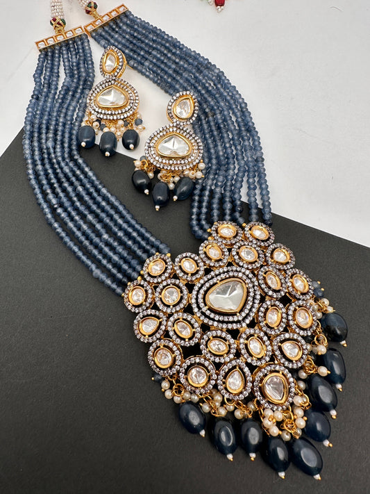 Kundan AD Pendent with Blue Onyx Beads Necklace