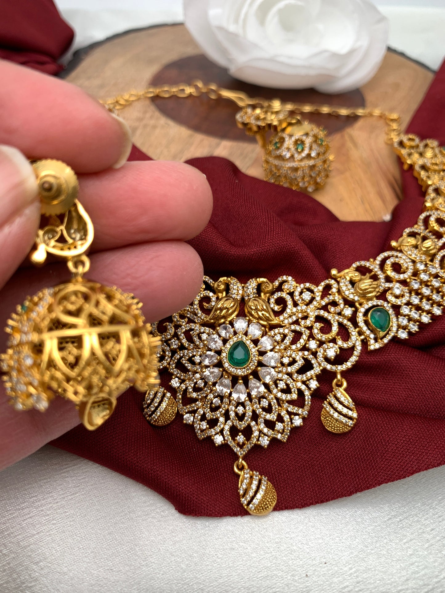 CZ Green Stone Neckline Ethnic Necklace