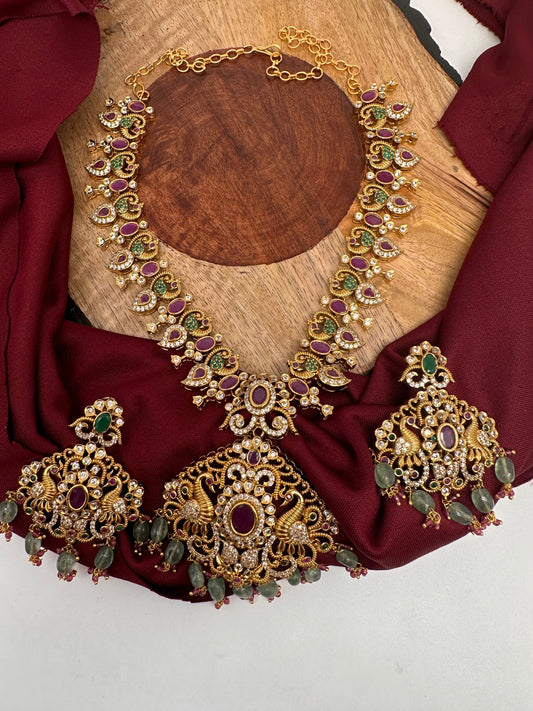 Mango Peacock Design CZ Matte Finish Ethnic Necklace