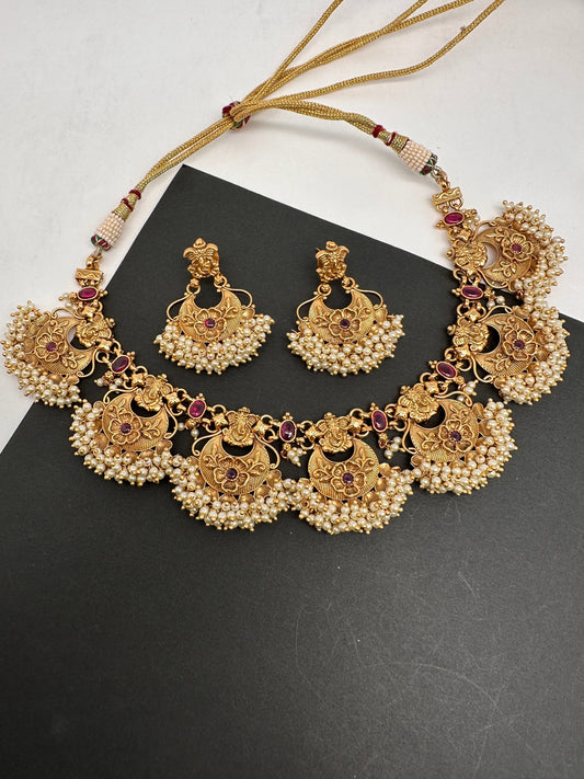 Lord Ganesha Red Kemp Cluster Pearls Neckline Necklace