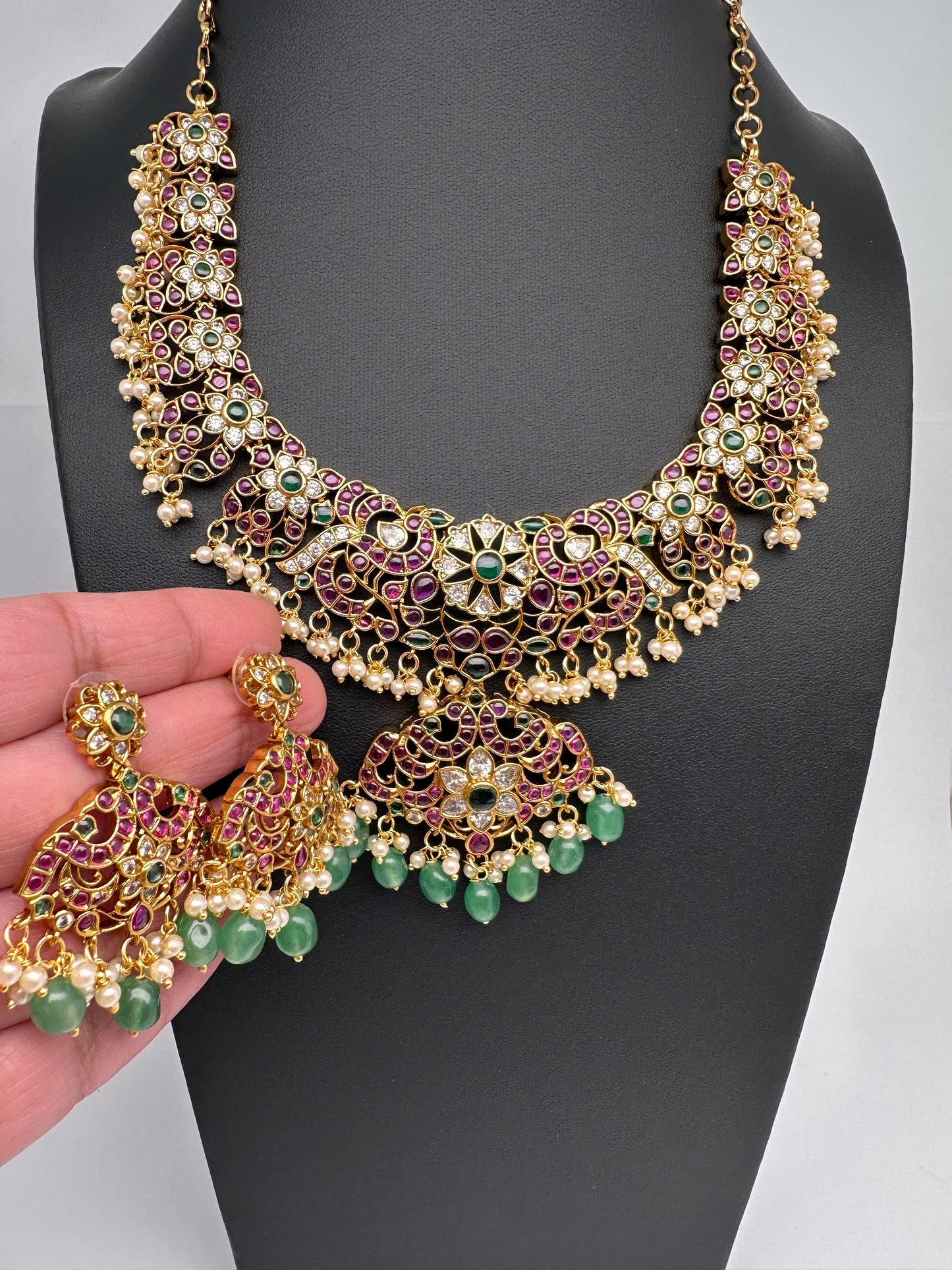 Kempu Peacock CZ Green Beads Rice Pearls Guttapusalu Necklace