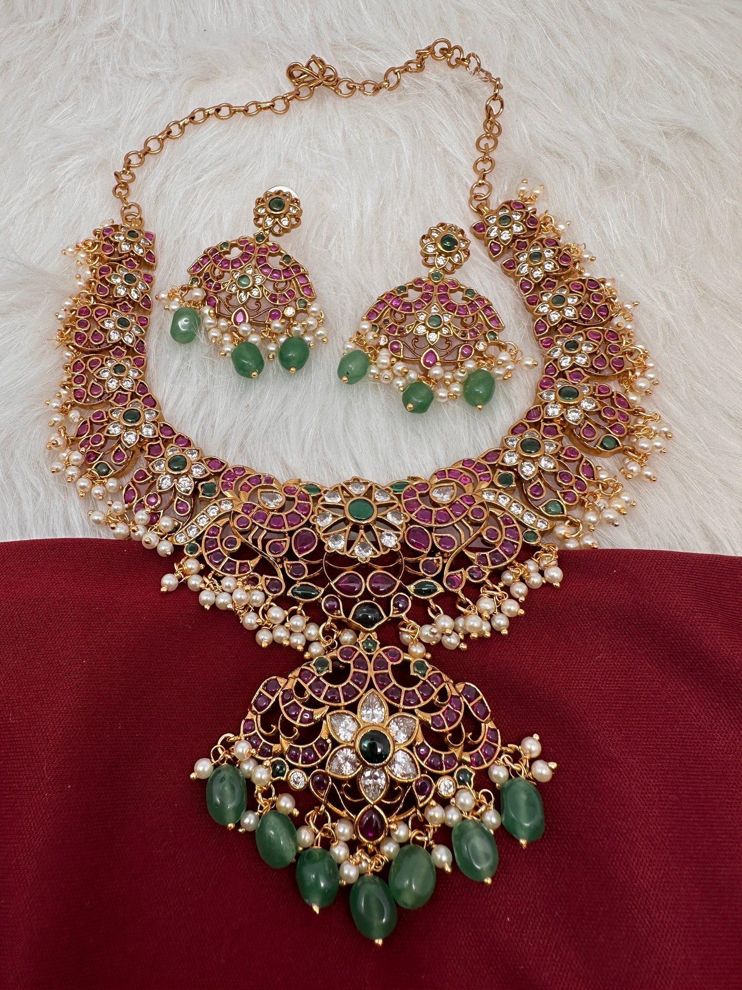 Kempu Peacock CZ Green Beads Rice Pearls Guttapusalu Necklace