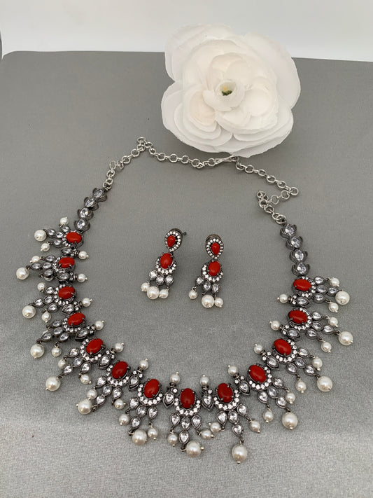 CZ Coral Pearls Victorian Finish Short Neckalce