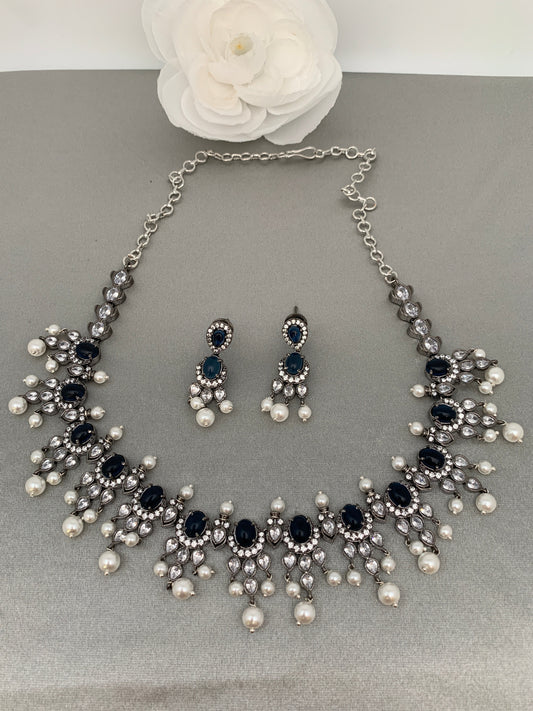 CZ Blue Pearls Victorian Finish Short Neckalce