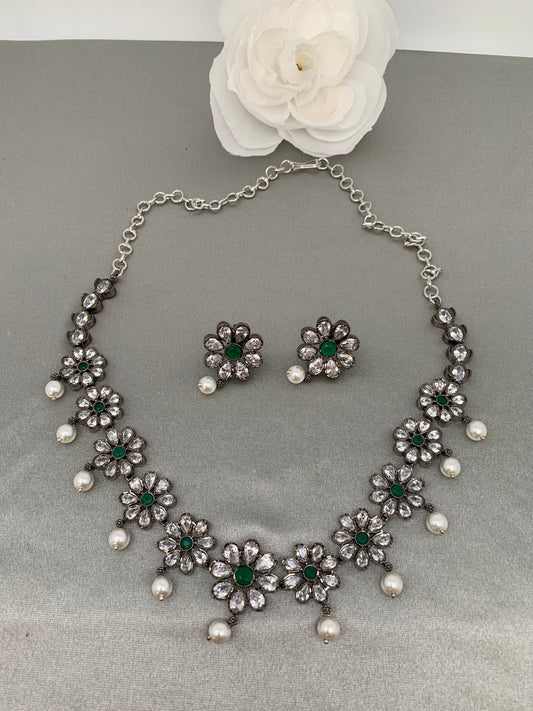 Floral Pattern CZ Green Stone Pearls Victorian Finish Short Neckalce