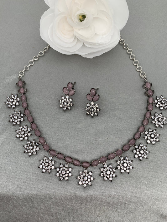 CZ Florets Pink Stone Chain Victorian Finish Neckalce