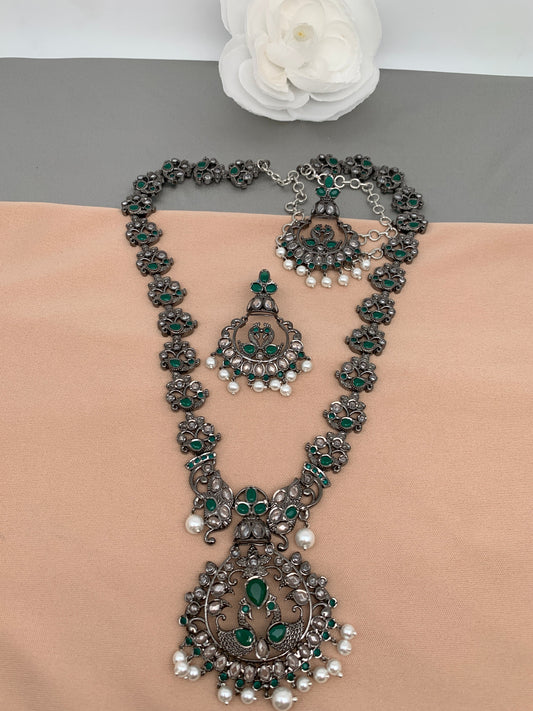 Peacock Pattern Green Stone CZ Long Victorian Finish Neckalce