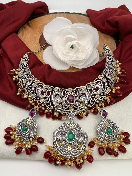 Kundan Multi Stone Red Beads Pearls Victorian Finish Stiff Neckline Neckalce