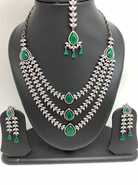 AD Green Stone Multi Layer Victorian Finish Short Necklace