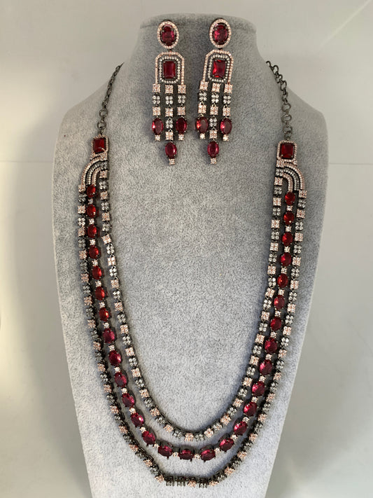 AD Wine Red Stone Multi Layer Victorian Finish Long Necklace