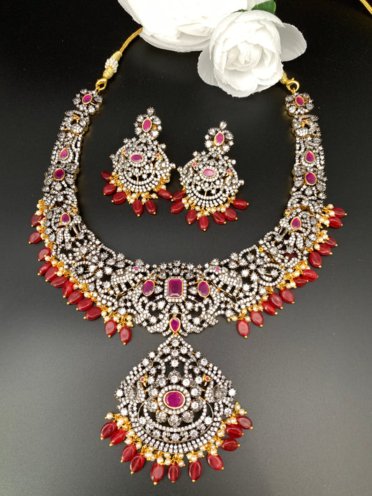 AD Red Stone Red Beads Peacock Design Dual Polish Neckline Necklace