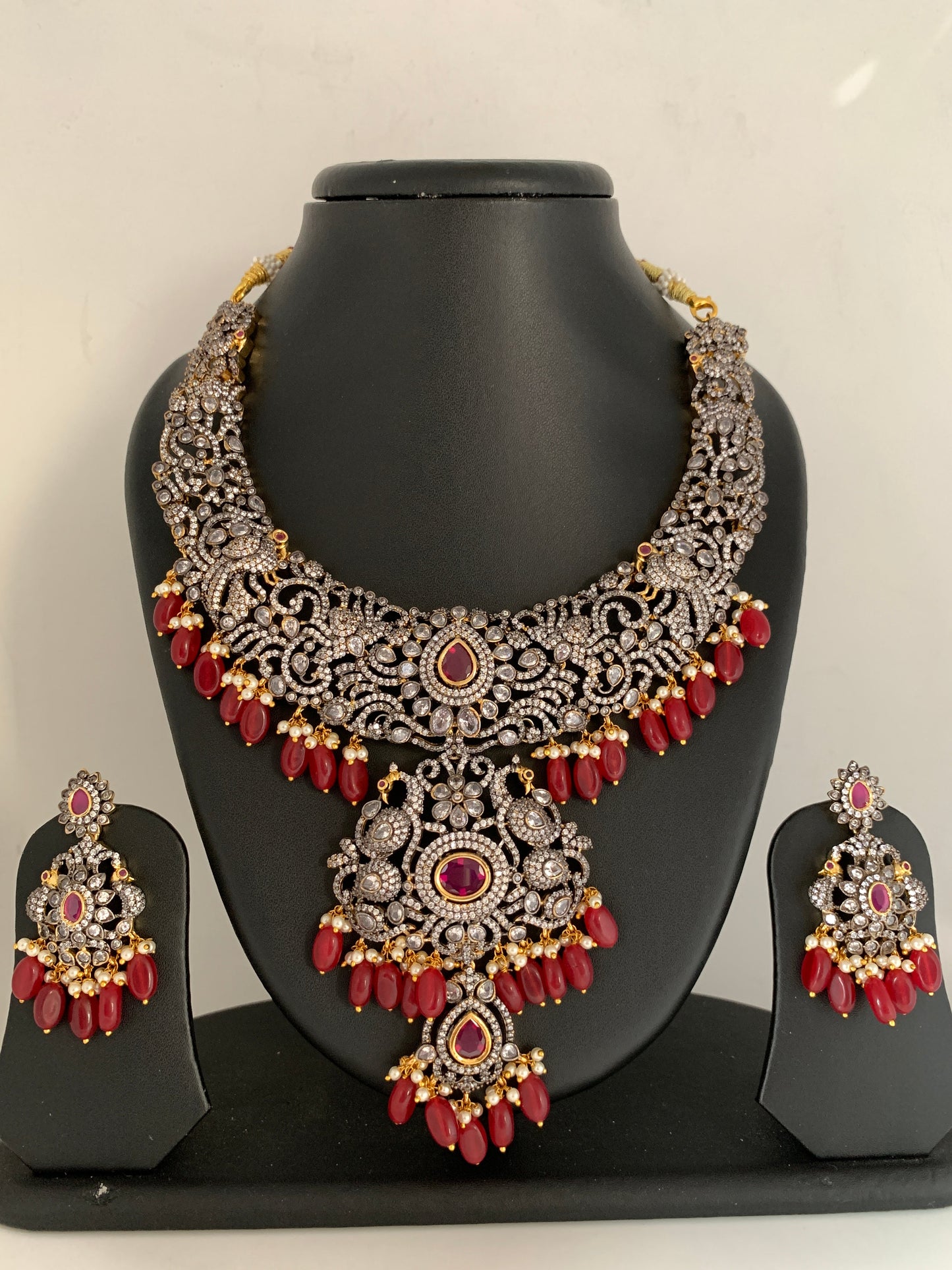 AD Red Stone Red Beads Dual Polish Neckline Necklace