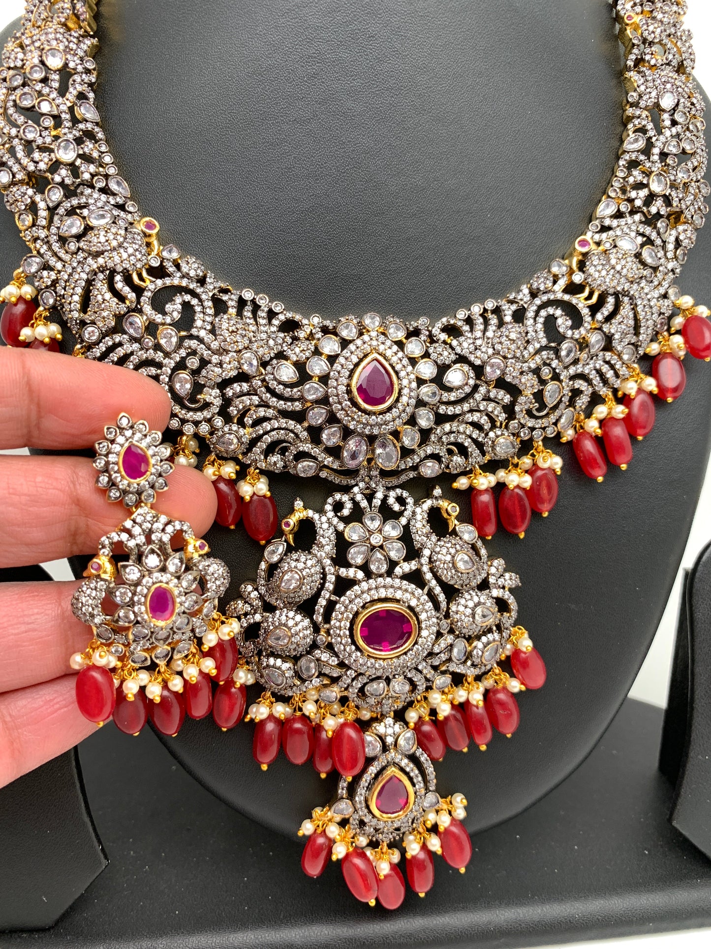 AD Red Stone Red Beads Dual Polish Neckline Necklace