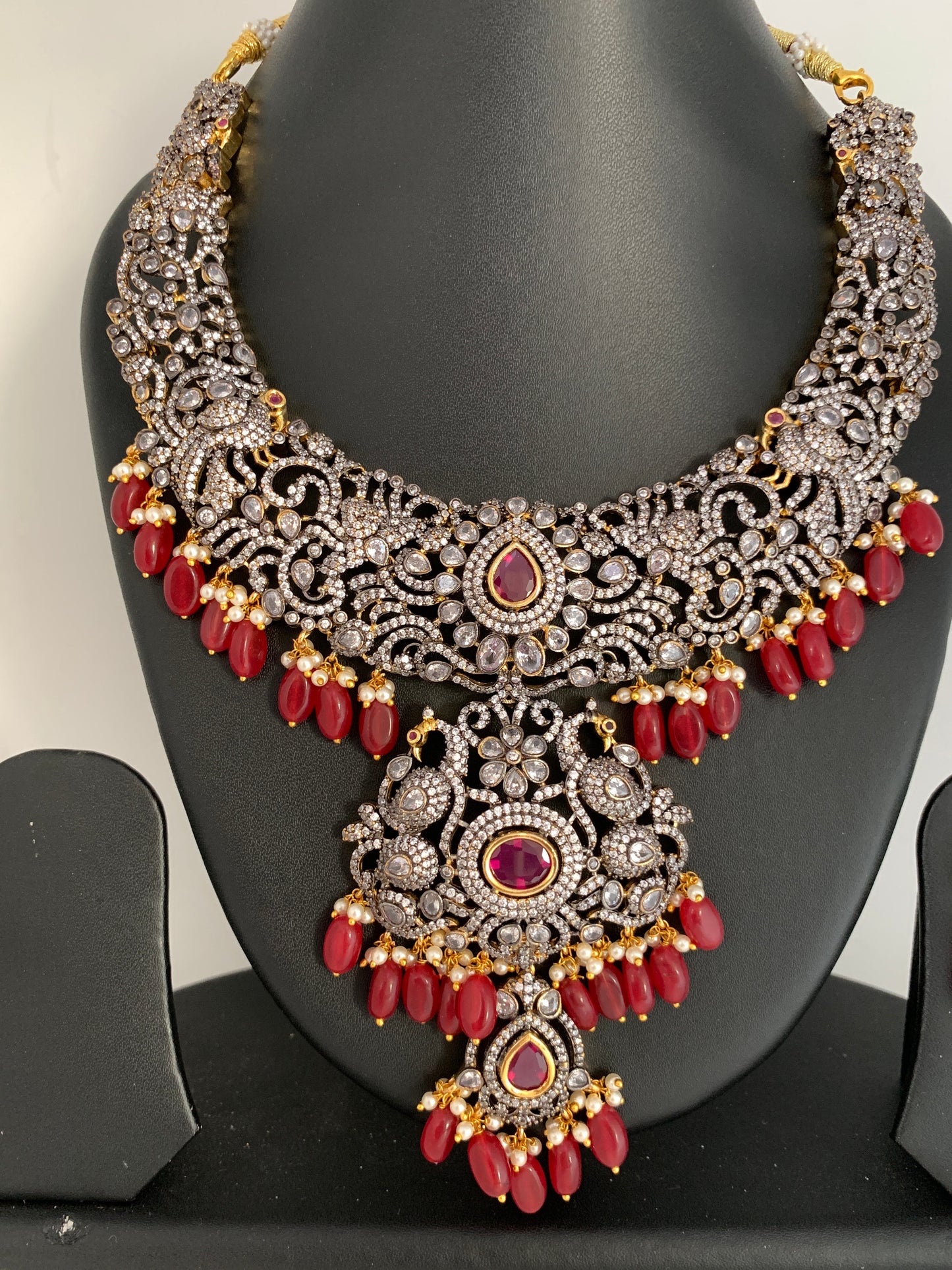 AD Red Stone Red Beads Dual Polish Neckline Necklace