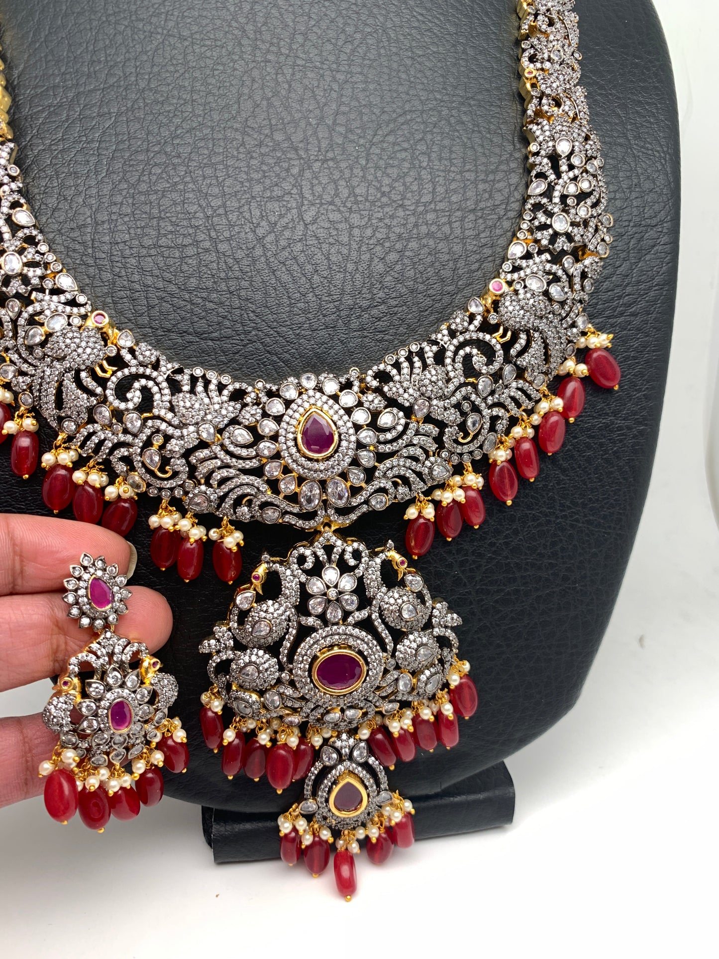 AD Red Stone Red Beads Dual Polish Long Necklace