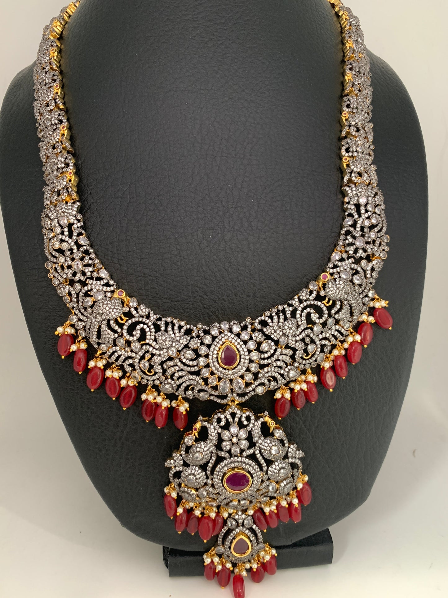 AD Red Stone Red Beads Dual Polish Long Necklace