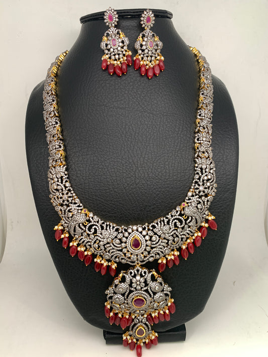 AD Red Stone Red Beads Dual Polish Long Necklace