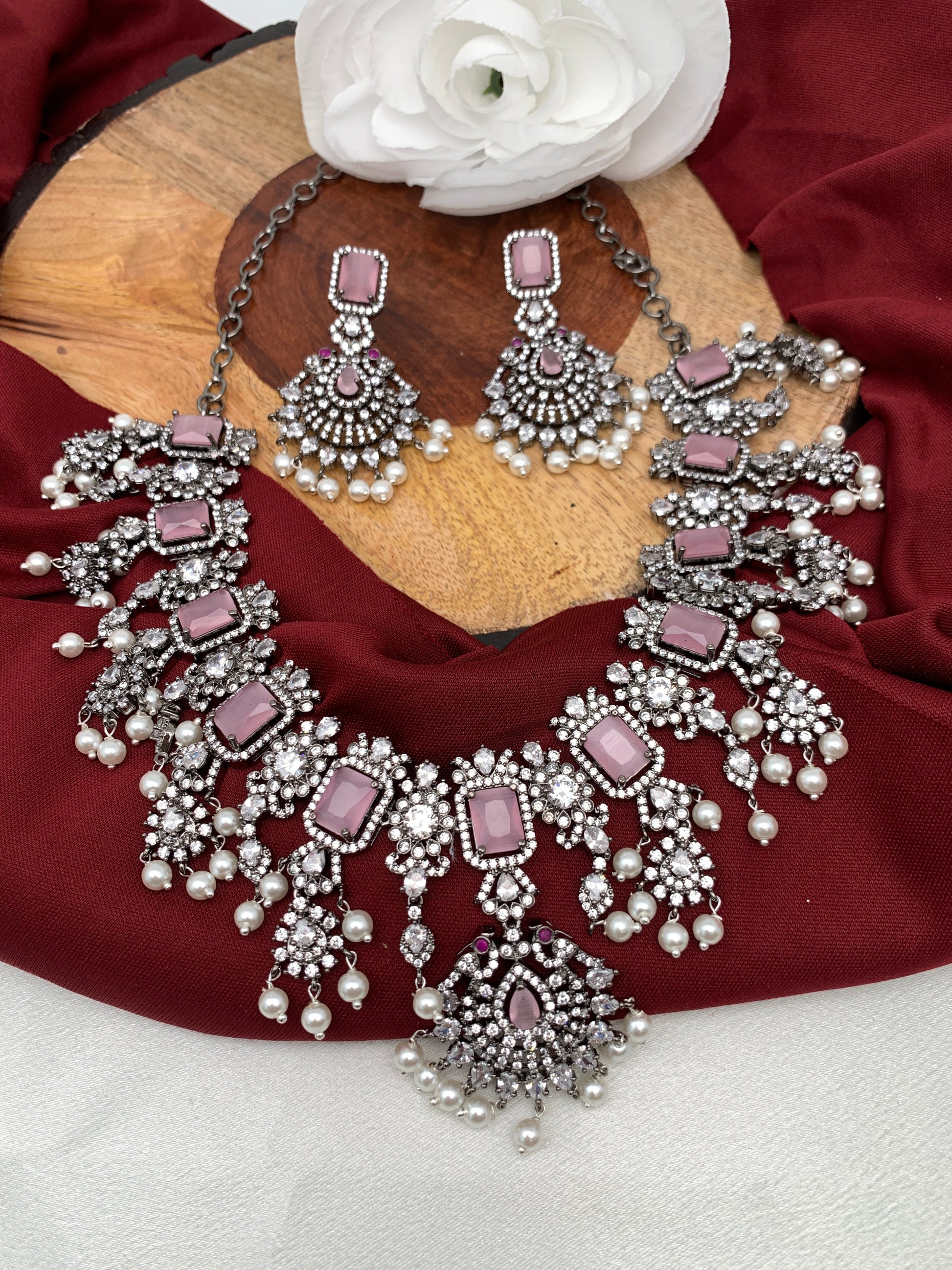 AD Pink Stone Victorian Short Necklace