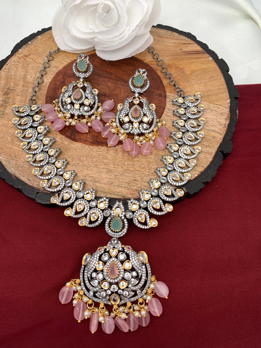 AD Kundan Pink Mint Green Stone Pink Beads Mango Pattern Victorian Short Necklace