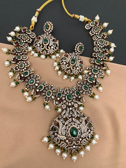 Polki Green Stone Peacock Design Mehndi Polish Short Necklace