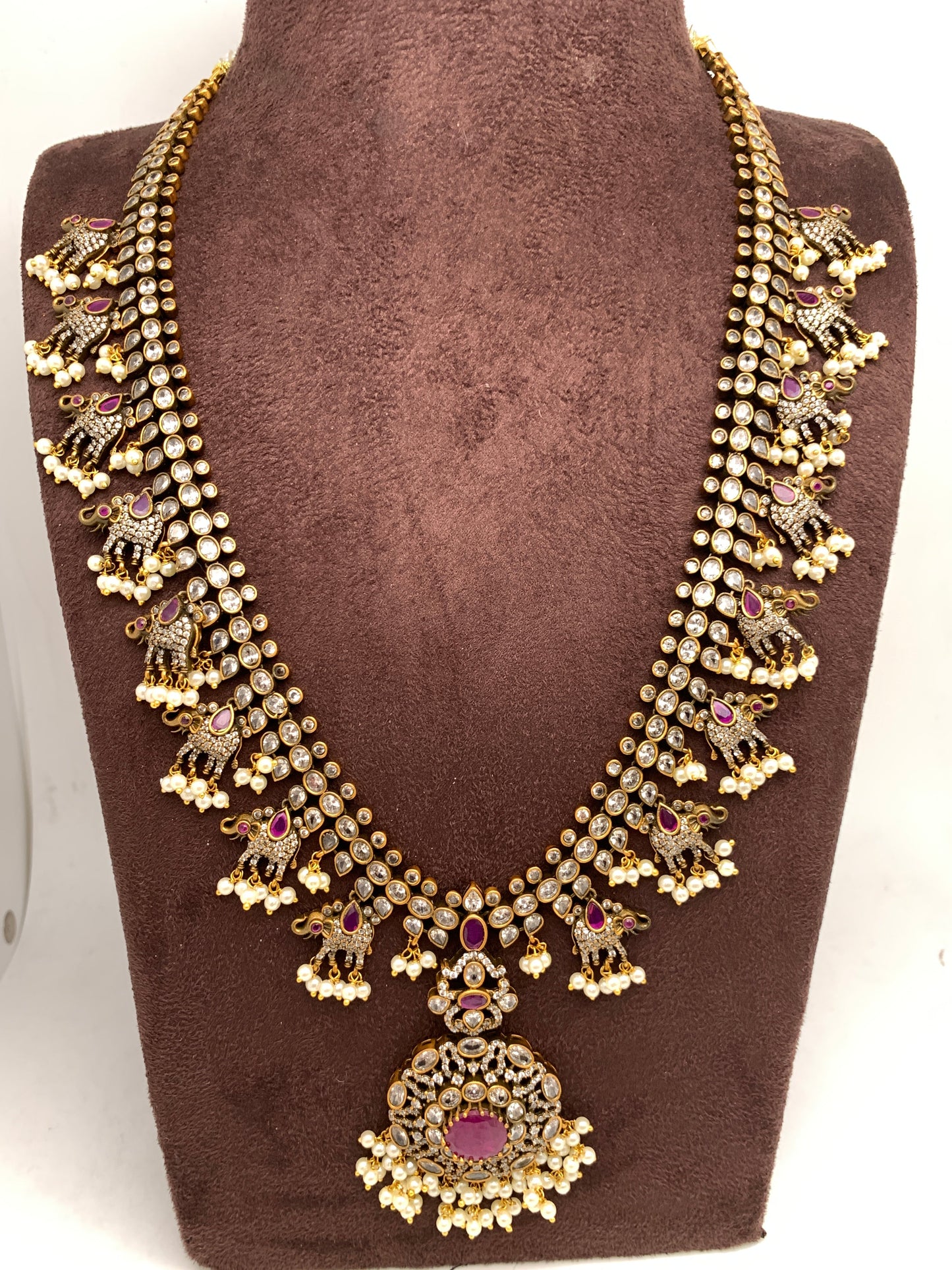 Polki Red Stone Elephant Design Mehndi Polish Long Necklace