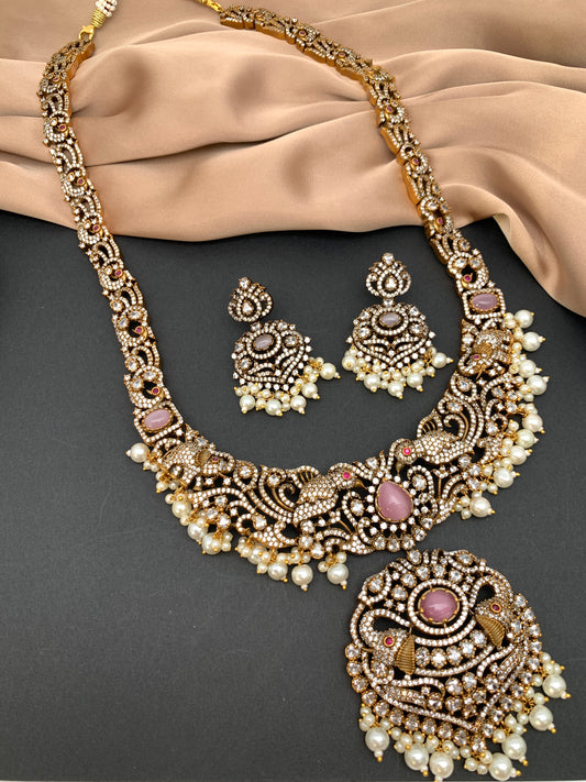 Polki Pink Stone Elephant Design Mehndi Polish Long Necklace