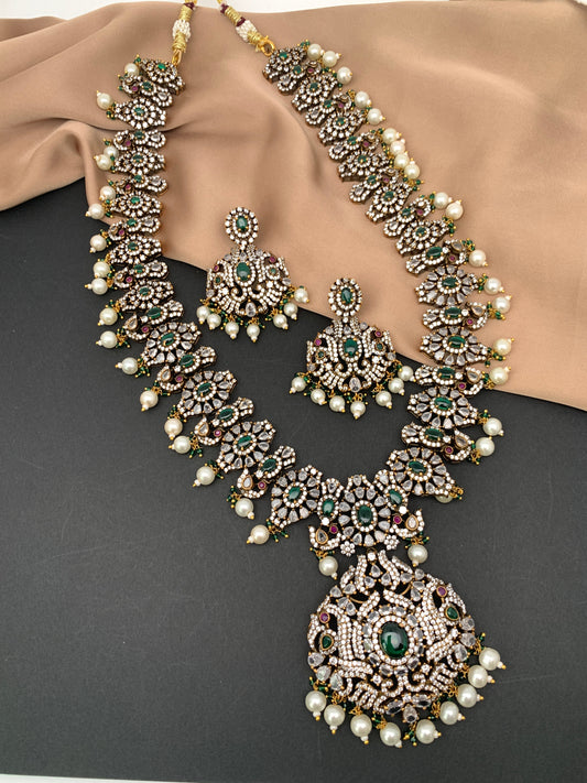 Polki Green Stone Mehndi Polish Long Necklace