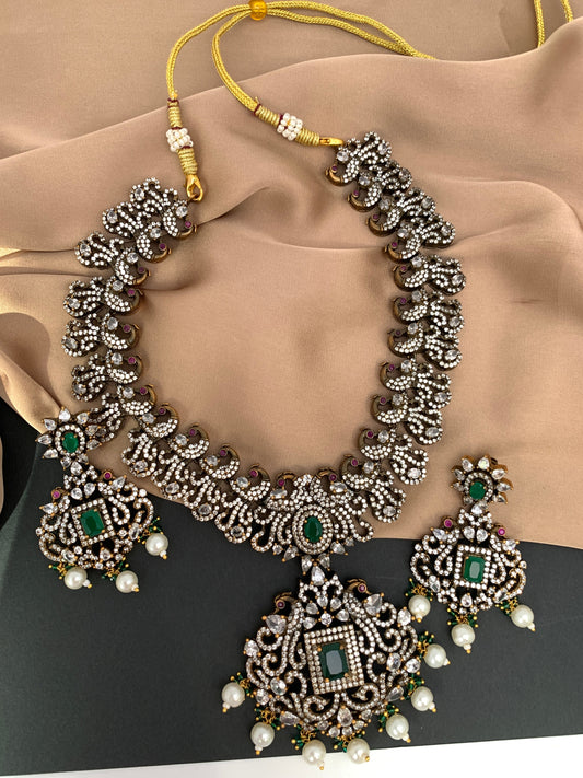 Polki Green Stone Peacock Design Mehndi Polish Short Necklace