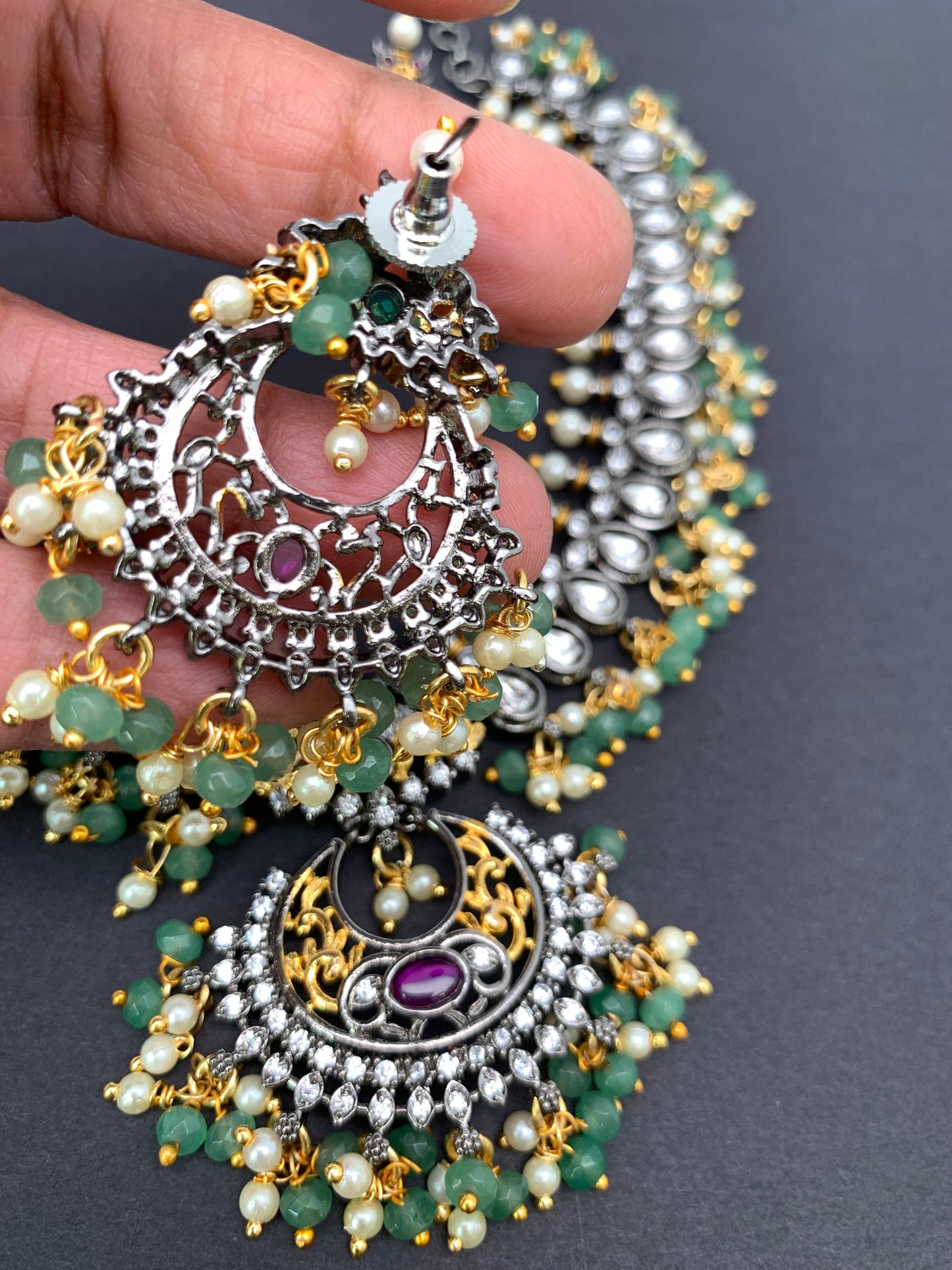 Victorian Finish Kundan and Green Beads Short Necklace