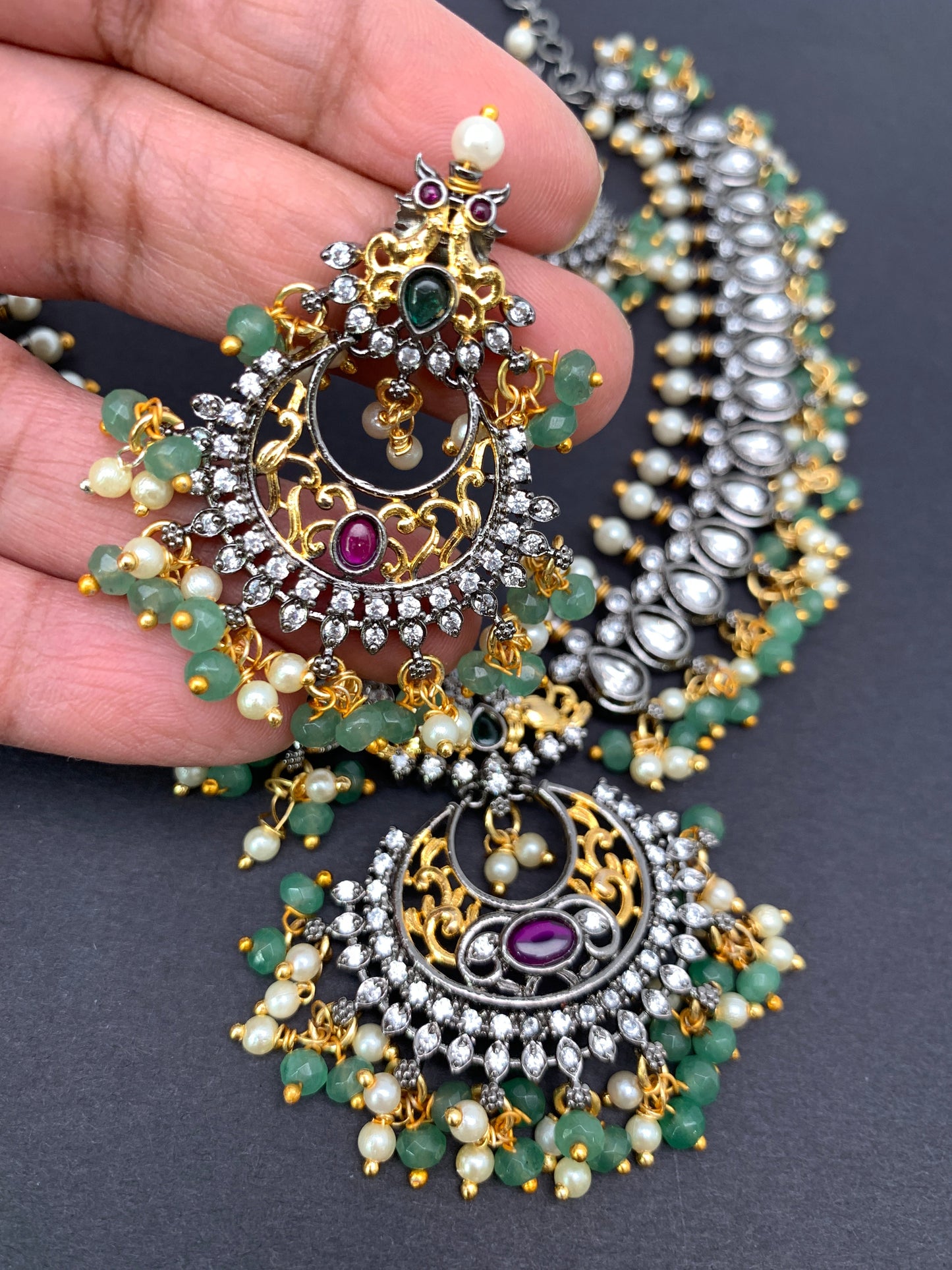 Victorian Finish Kundan and Green Beads Short Necklace