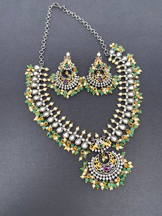 Victorian Finish Kundan and Green Beads Short Necklace