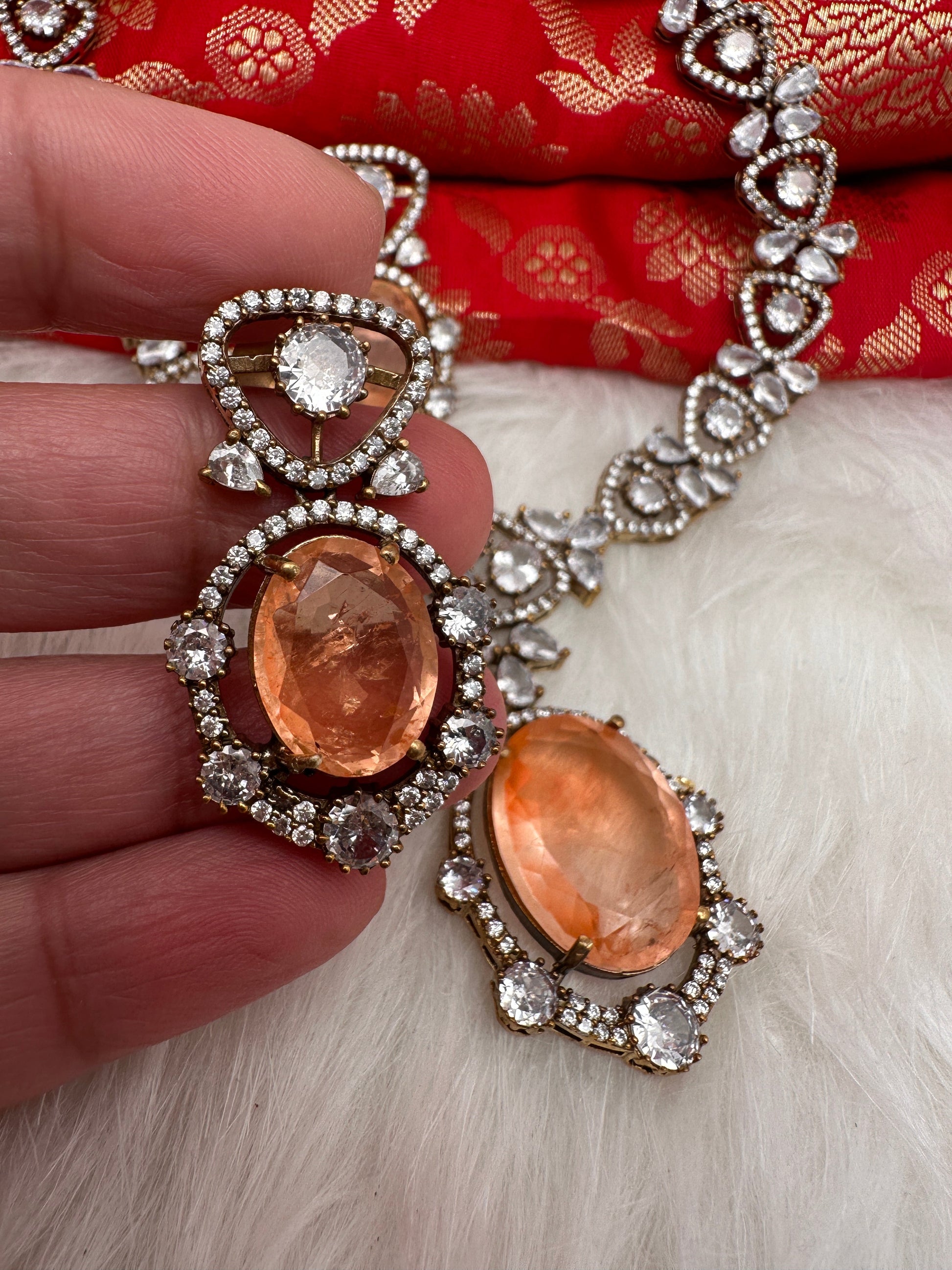 Victorian Finish AD Color Stone Short Necklace - PeachPuff