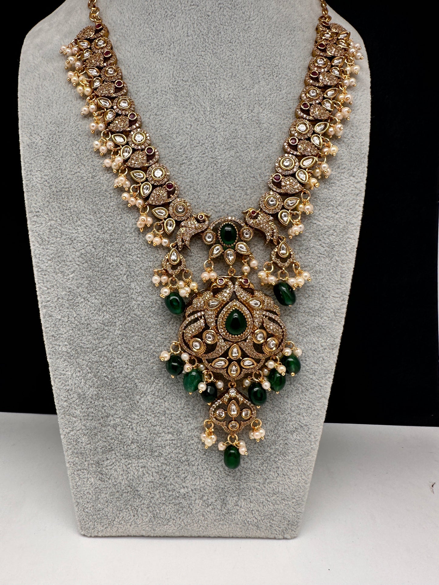 Victorian Mehndi Finish AD Polki Kundan Color Stone Short Necklace - Green