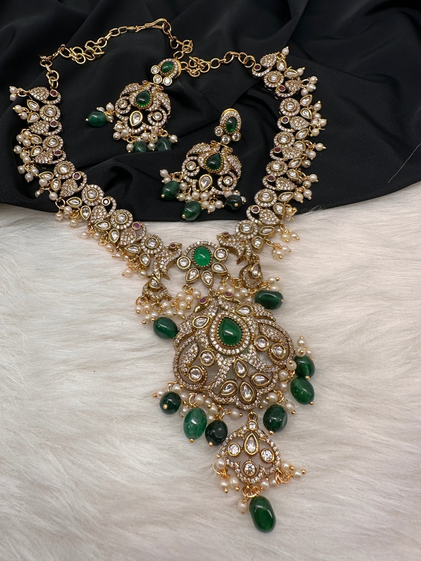 Victorian Mehndi Finish AD Polki Kundan Color Stone Short Necklace - Green