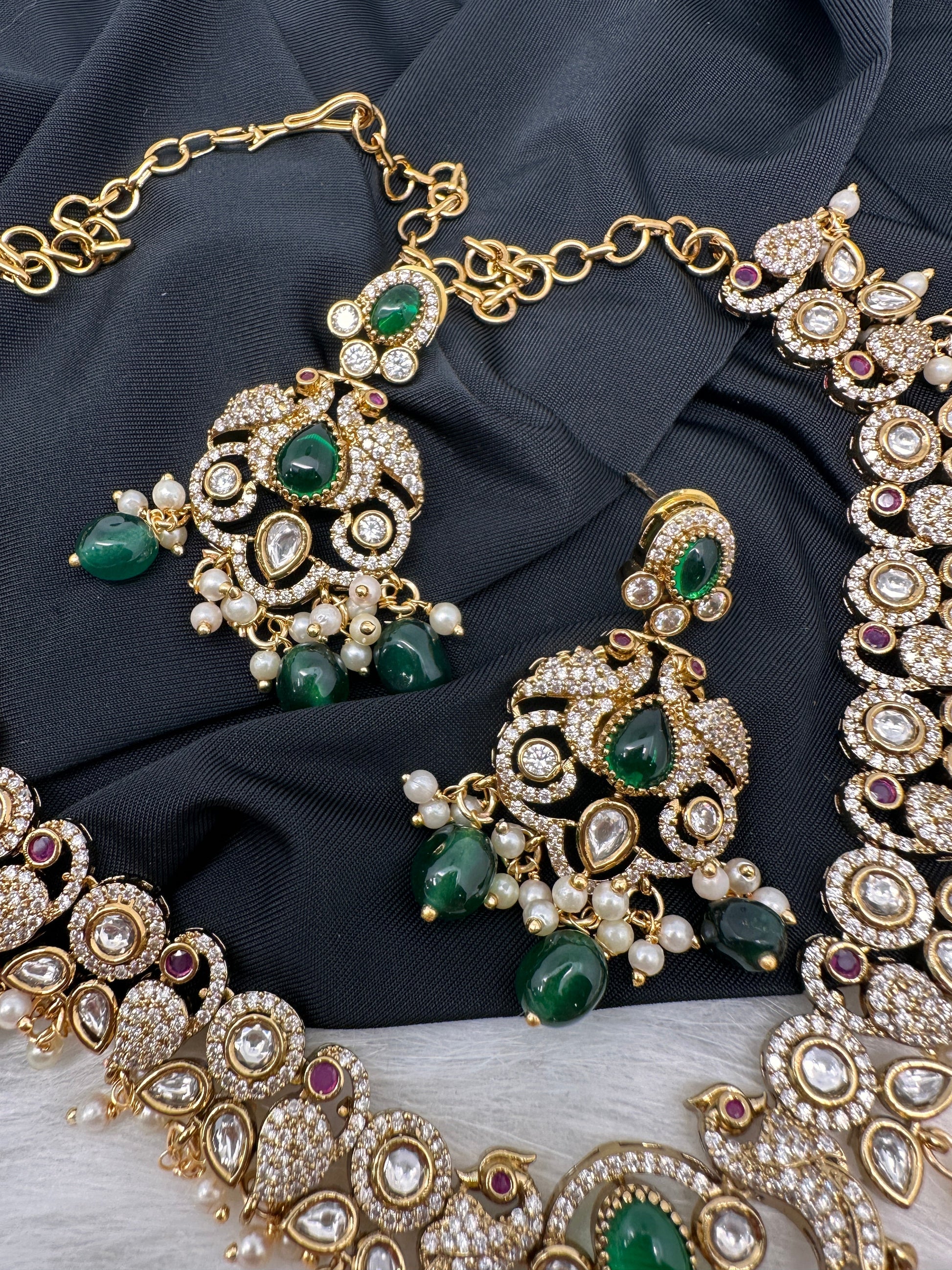 Victorian Mehndi Finish AD Polki Kundan Color Stone Short Necklace - Green