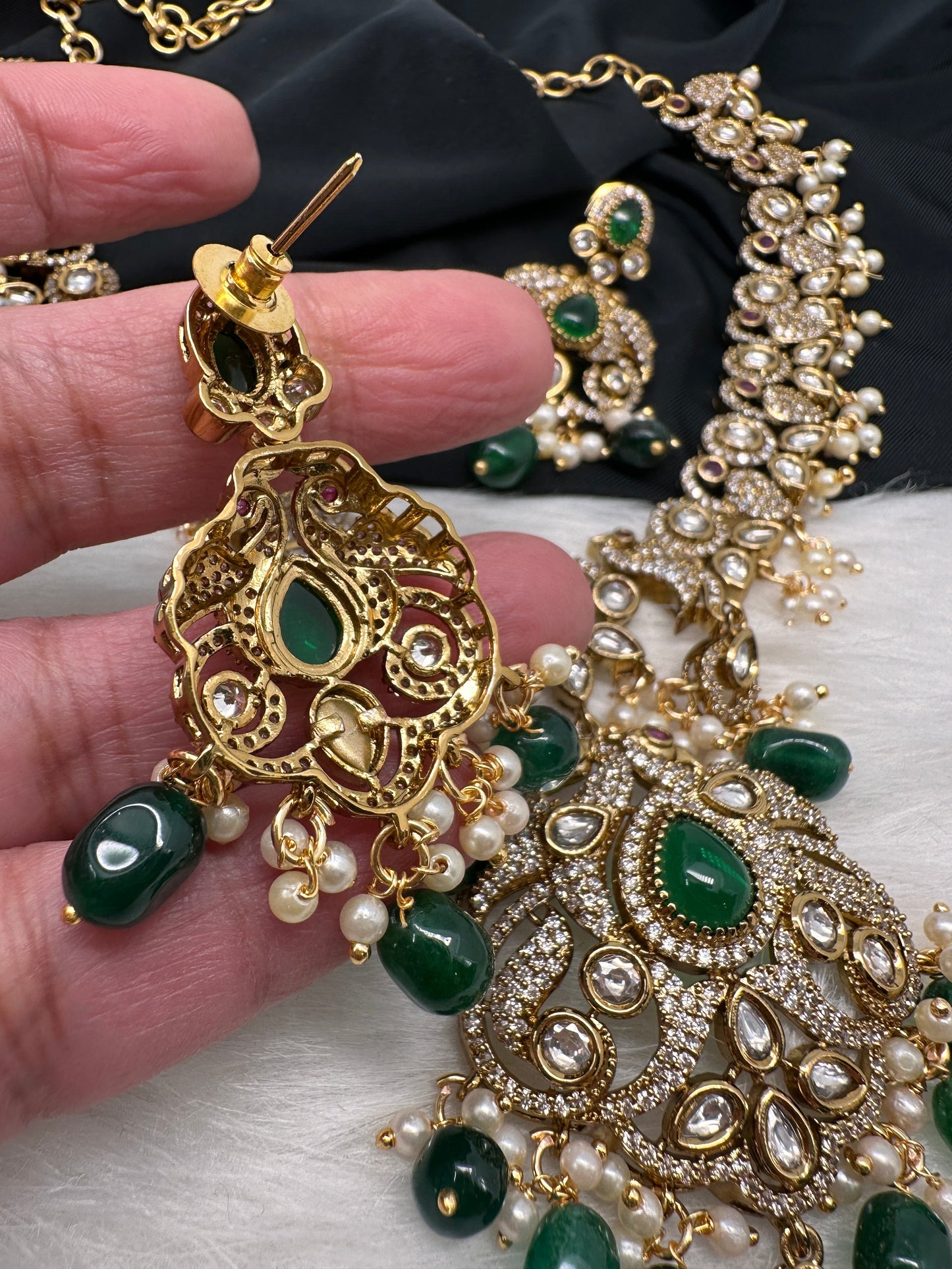 Victorian Mehndi Finish AD Polki Kundan Color Stone Short Necklace - Green