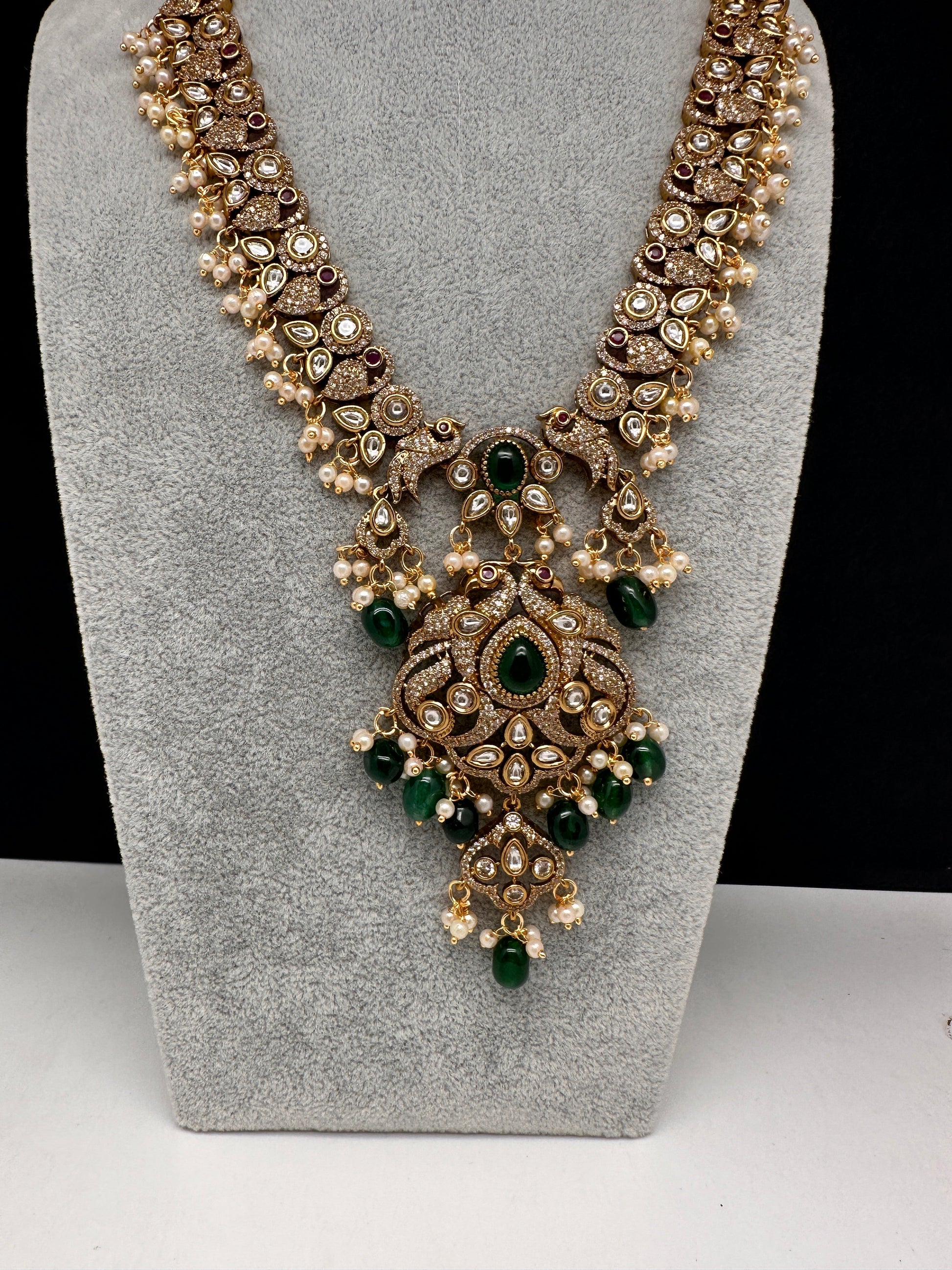 Victorian Mehndi Finish AD Polki Kundan Color Stone Short Necklace - Green